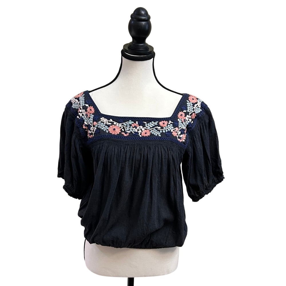 American Eagle Outfitters Embroidered Square Neck Peasant Blouse Top M Navy